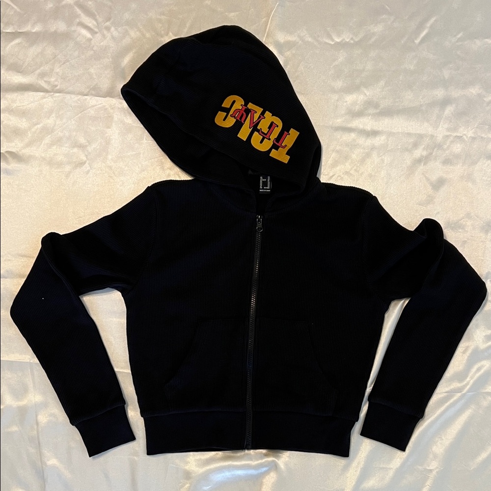 Black Cropped TGLC Waffle Knit Zip Up Sweater